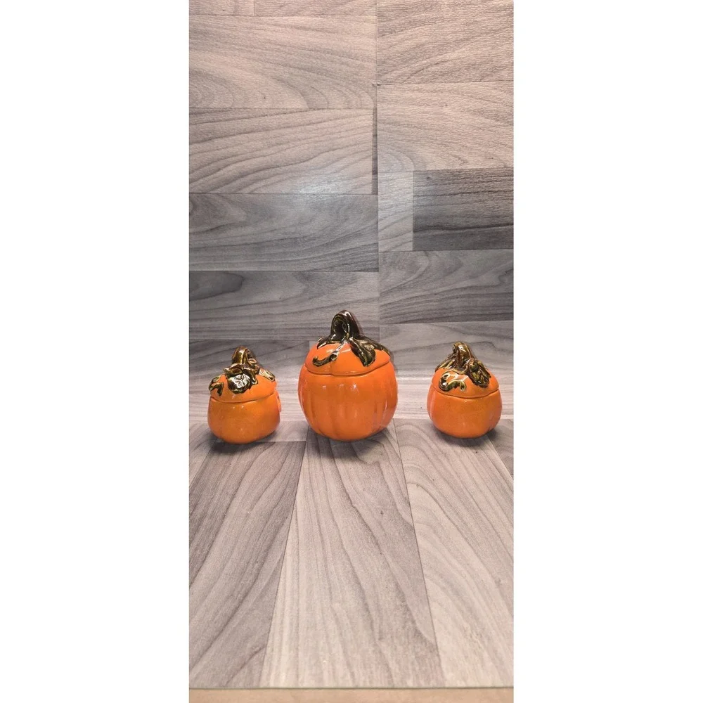 Lot of 3 Vibrant Orange Hand-crafted Ceramic Pumpkin Decor